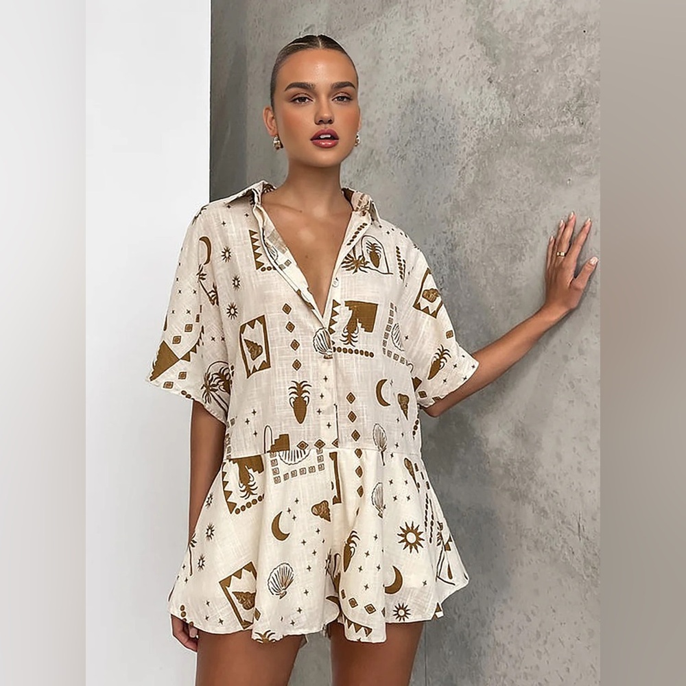 Commense Cream and Brown Graphic Jumpsuit
